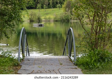 Swimming lake swimming platform focused Platform, jetty with ladder for bathers spring day with green forest and blue green water, day cloudy without people