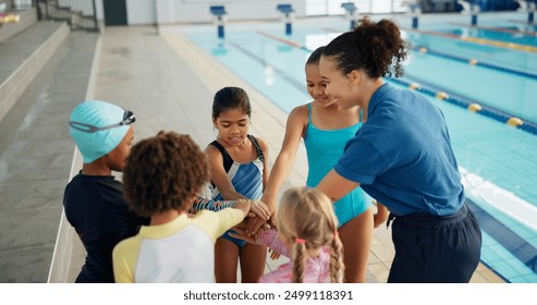 Swimming, lesson and teacher with kids with hands together for learning, practice and training. Teamwork, celebrate and swimmer instructor with children for exercise, fitness and pool sports class - Powered by Shutterstock