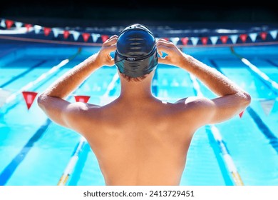 Swimming, pool and back of sports person ready for exercise, outdoor workout or training routine. Waterpolo player, athlete or active swimmer to start challenge, cardio or fitness performance - Powered by Shutterstock