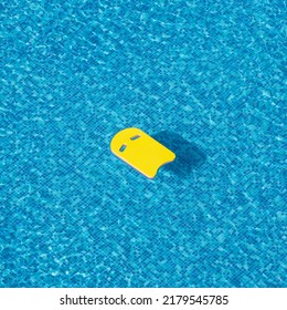 Swimming Pool Background With Kickboard On Blue Water Surface. Safe Pool Training Aid Float Foam Board Tool. Summer Holiday, Vacation, Travel, Water Sport Concept. Square, High Angle View, Copy Space