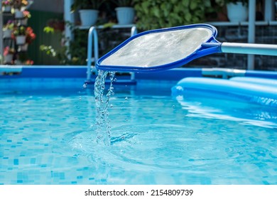 Swimming pool cleaning net with water droplets in the background of clear blue water. In background is a courtyard with flowers. Round frame pool and netting skimmer for cleaning leaves and insects - Shutterstock ID 2154809739