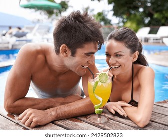 Swimming pool, cocktail and couple with holiday, sunshine and weekend break with happiness, relax and honeymoon. Summer, man or woman with tropical drink or wet with getaway trip or luxury with water - Powered by Shutterstock