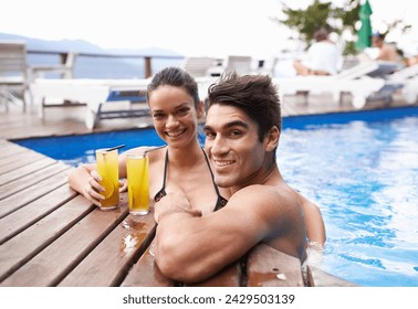 Swimming pool, cocktails and couple with holiday, portrait and weekend break with vacation and honeymoon. Sunshine, man or woman with tropical drink and wet with luxury or summer with love or alcohol - Powered by Shutterstock