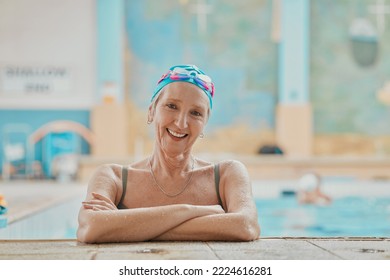 Swimming pool, fun and portrait of a senior woman doing water aerobics for exercise or workout. Happy, smile and elderly lady in retirement doing aquatic training lesson for skill, health or wellness - Powered by Shutterstock