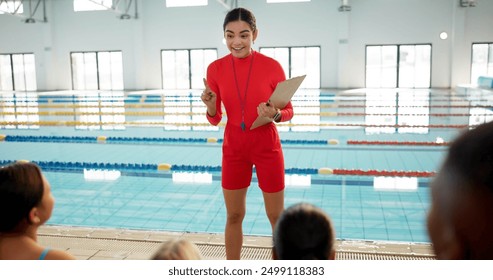 Swimming pool, lesson and lifeguard coach with kids for learning, practice and safety training. Happy, water sports class and swimmer instructor with children for exercise, fitness and development - Powered by Shutterstock