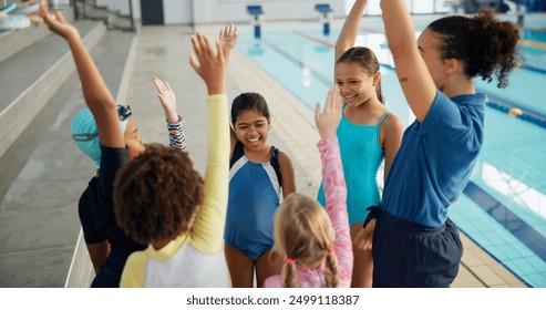 Swimming pool, lesson and teacher with kids with high five for learning, practice and training. Teamwork, celebrate and swimmer instructor with children for exercise, fitness and water sports class - Powered by Shutterstock