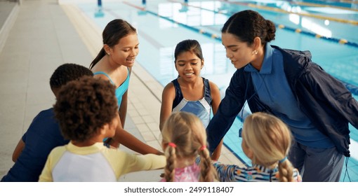 Swimming pool, lesson and teacher with kids in huddle for learning, practice and training. Teamwork, celebrate and swimmer instructor with happy children for exercise, fitness and water sports class - Powered by Shutterstock