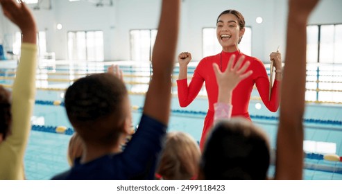 Swimming pool, lesson and teacher with kids with hands up for learning, practice and training. Excited, celebrate and swimmer instructor with children for exercise, fitness and water sports class - Powered by Shutterstock