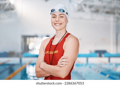 Swimming pool, lifeguard and portrait of woman with confidence and goggles at water for safety training exercise. Professional sports, life saving workout and swimmer at swim competition with pride.