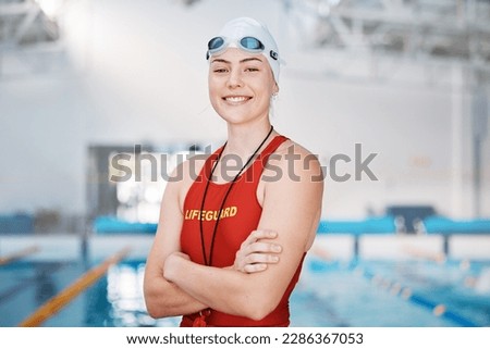 Swimming pool, lifeguard and portrait of woman with confidence and goggles at water for safety training exercise. Professional sports, life saving workout and swimmer at swim competition with pride.
