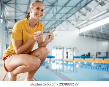 Swimming pool, lifeguard and woman with smile, stopwatch and mockup at water safety training exercise. Professional sport, personal trainer and swimmer at competition for motivation, support and time - Powered by Shutterstock