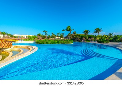 Swimming Pool Of A  Luxury Tropical Caribbean Resort, Hotel.