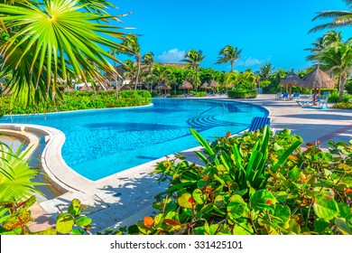 Swimming Pool Of A  Luxury Tropical Caribbean Resort, Hotel.