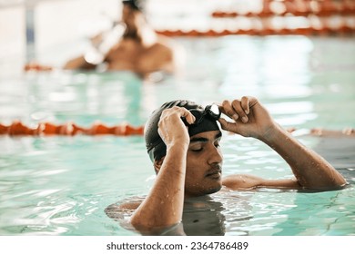 Swimming pool, man and sport athlete for workout and training race in professional gym. Male person, fitness and exercise for water competition in a health and wellness club for pool and athlete - Shutterstock ID 2364786489