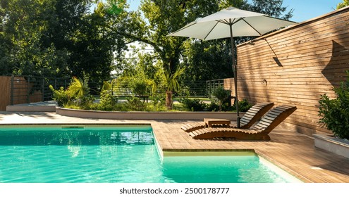 Swimming pool in modern private villa with lounge chairs, palm trees and umbrella - Powered by Shutterstock