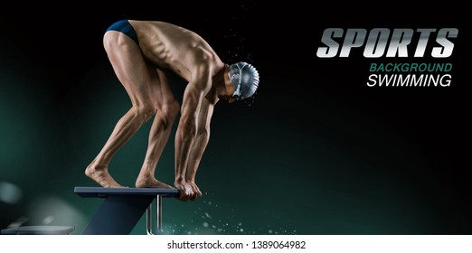 Swimming pool. Muscular swimmer ready to jump.