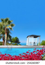 swimming pool, palms, pavilion and bougainvillea