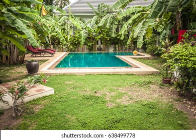 Swimming Pool At Private Tropical Villa Backyard Among Tropical Formal Garden With Palm Trees And Turquoise Water