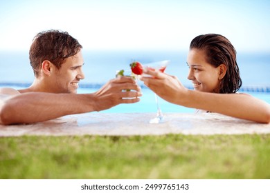 Swimming pool, relax or couple with toast on holiday for bonding with love, smile and support in Costa Rica. Drinks, hotel or happy people in outdoor spa on vacation for honeymoon, peace or cheers - Powered by Shutterstock