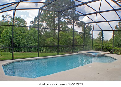 A swimming pool and spa with a conservation view. - Shutterstock ID 48407323