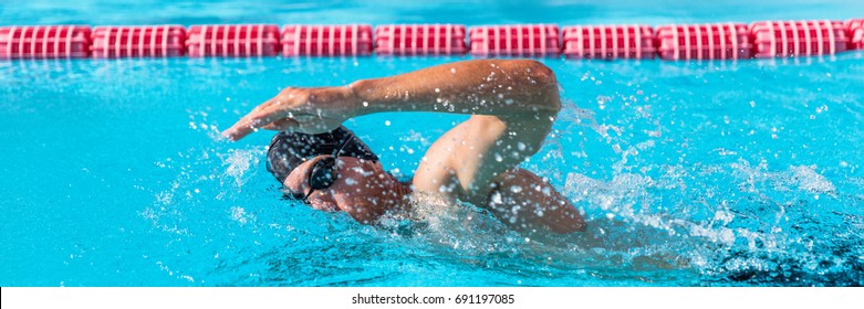 Swimming Pool Sport Crawl Swimmer Athlete Banner. Man Doing Freestyle Stroke Technique In Water Pool Lane Training For Competition. Healthy Active Lifestyle Panoramic Header For Copy Space.