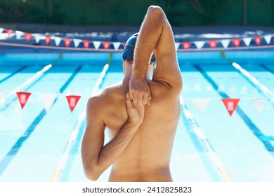 Swimming, pool and sports man stretching before exercise, outdoor workout or training practice for competition. Warm up, wellness and back of swimmer to start challenge, cardio or fitness performance - Powered by Shutterstock