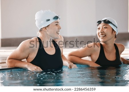 Swimming pool, sports and women laughing in water, joke and funny comedy after exercise. Swimmer, happiness and friends or girls talking, laughter and comic discussion with humor after training.