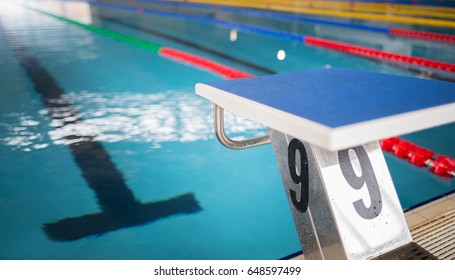 Swimming Pool Starting Line. Close Up Of Olympic Swimming Pool