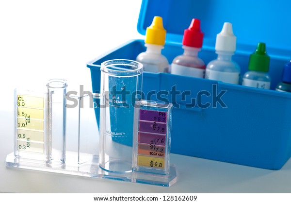 Swimming Pool\
test kit for testing chemical\
levels.