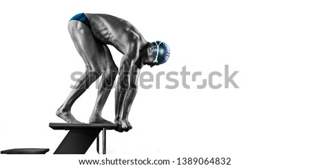 Swimming pool.Black and white Isolated muscular swimmer ready to jump.	
