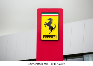 Swindon, South West England, United Kingdom — February 3 2021: Ferrari Logo Seen In Front Of The Official Ferrari Dealer - Dick Lovett In Swindon