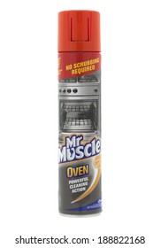 SWINDON, UK - APRIL 22, 2014: Can Of Mr Muscle Oven Cleaner On A White Background