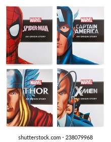 SWINDON, UK - DECEMBER 16, 2014:Four MARVEL Books Origin Storys On A White Background