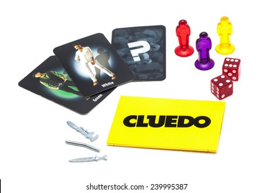 SWINDON, UK - DECEMBER 26, 2014: Cluedo Murder Mystery Game For Three To Six Players, Devised By Anthony E. Pratt From Birmingham, England On A White Background