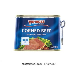 SWINDON, UK - FEBRUARY 23, 2014: Tin Of Princes Corned Beef on a white background