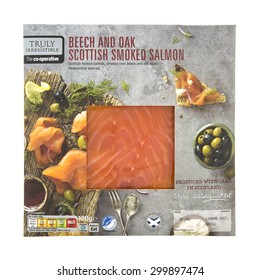 SWINDON, UK - JULY 26, 2015: Pack Of Beech And Oak Scottish Smoked Salmon On A White Background.