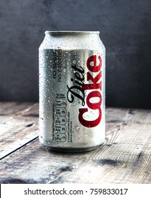 SWINDON, UK - NOVEMBER 21 2017: Can of Diet COKE (Coca-Cola) on a rustic background