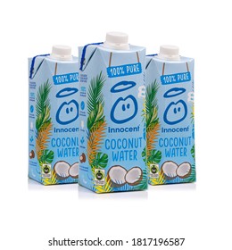 SWINDON, UK - SEPTEMBER 18, 2020: Innocent 100%  Pure Coconut Water (Fair Trade Certified)