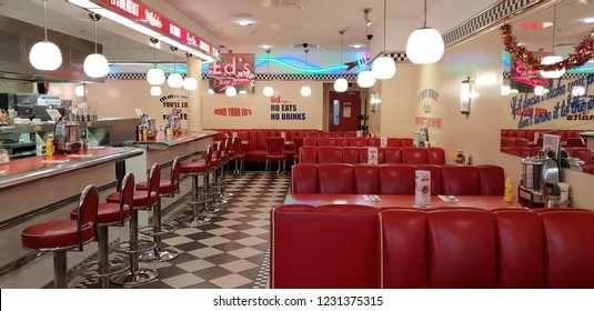 Swindon, Wiltshire, UK Dec 2018. American 1950's style Ed's diner with red decor. 