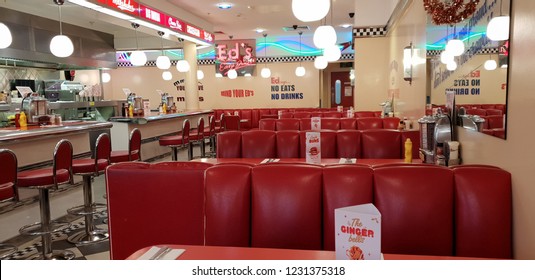 Swindon, Wiltshire, UK Dec 2018. American 1950's style Ed's diner with red decor. 