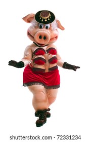 Swine mascot costume dance striptease in hat isolated