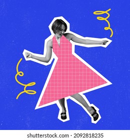 Swing. Beuatiful woman dressed in 70s, 80s fashion style dancing on bright background with drawings. Contemporary art collage, modern design. Minimalism. Art, beauty, fashion and music. Magazine style - Shutterstock ID 2092818235