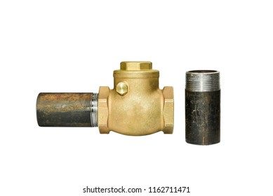 Swing Check Valve Connecting With Steel Pipe Isolated On White Background