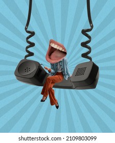 Swing and gossip. Stylish young girl with open mouth instead head sitting on big retro handset, phone. Surrealism. Modern design, contemporary creative collage. Inspiration, idea, trendy magazine