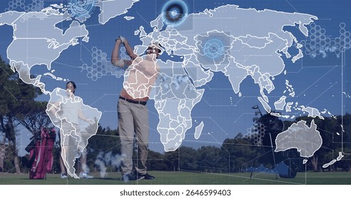 Swinging golf club, golfer with image of world map and data overlays. sports, data analysis, technology, digital, interactive, global