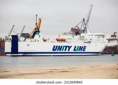 Swinoujscie, West Pomeranian Voivodeship, Poland — November 17 2021: Gryf ferry enters the Port of Swinoujscie. 