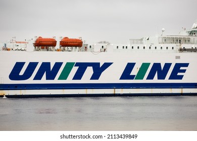 Swinoujscie, West Pomeranian Voivodeship, Poland — November 17 2021: A Unity Line logo seen on the Gryf ferry.