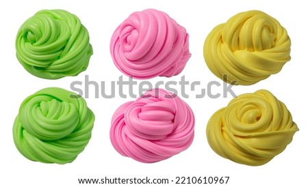 Swirl fluffy slime set on white background. Material for modeling with kids. Antistress toy, hand gum. Textured volumetric molded slime for hands.