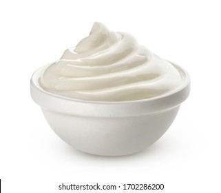 Swirl Of Sour Cream In Bowl Isolated On White Background With Clipping Path, Fresh Greek Yogurt