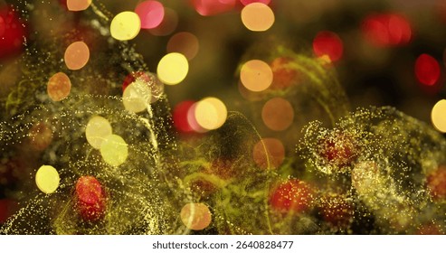 Swirling golden particle waves flowing across digital canvas stage, with warm yellow and red bokeh. Abstract, motion, digital, vibrant, energetic, glow, atmospheric